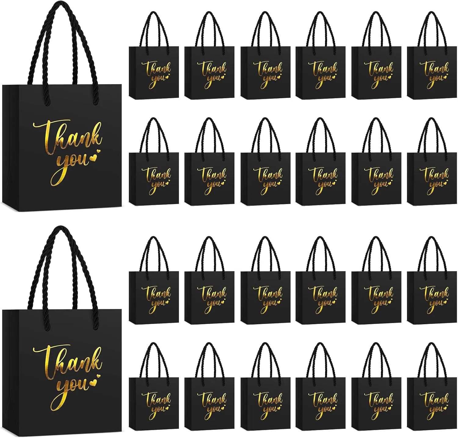 Honoson 30 Pcs Mini Gift Bag with Handle 4 x 2.75 x 4.5'' Small Thank You Paper Bag for Wedding Baby Shower Birthday Graduation Thanksgiving Party Favor Supplies(Black/Gold)