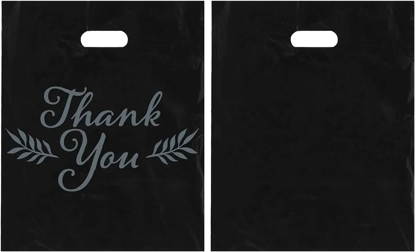 Houseables Thank You Merchandise Bags, Retail Shopping Goodie Bag, 16" x 18", 100 Pk, 1.75 Mil Thick, Black, White, Die Cut Handles, Tear-Resistant, 100% Recyclable, Plastic, Low Density, Glossy