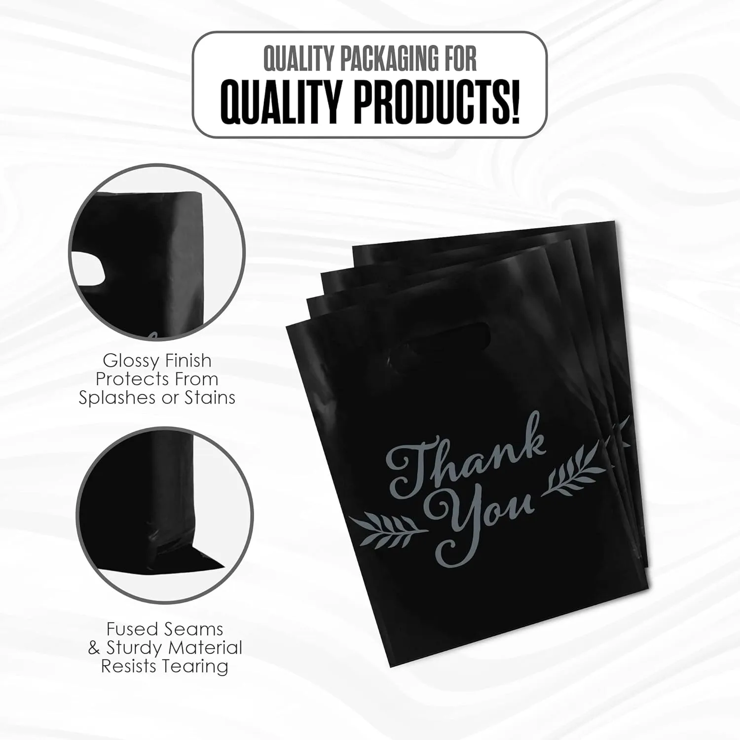 Houseables Thank You Merchandise Bags, Retail Shopping Goodie Bag, 16" x 18", 100 Pk, 1.75 Mil Thick, Black, White, Die Cut Handles, Tear-Resistant, 100% Recyclable, Plastic, Low Density, Glossy