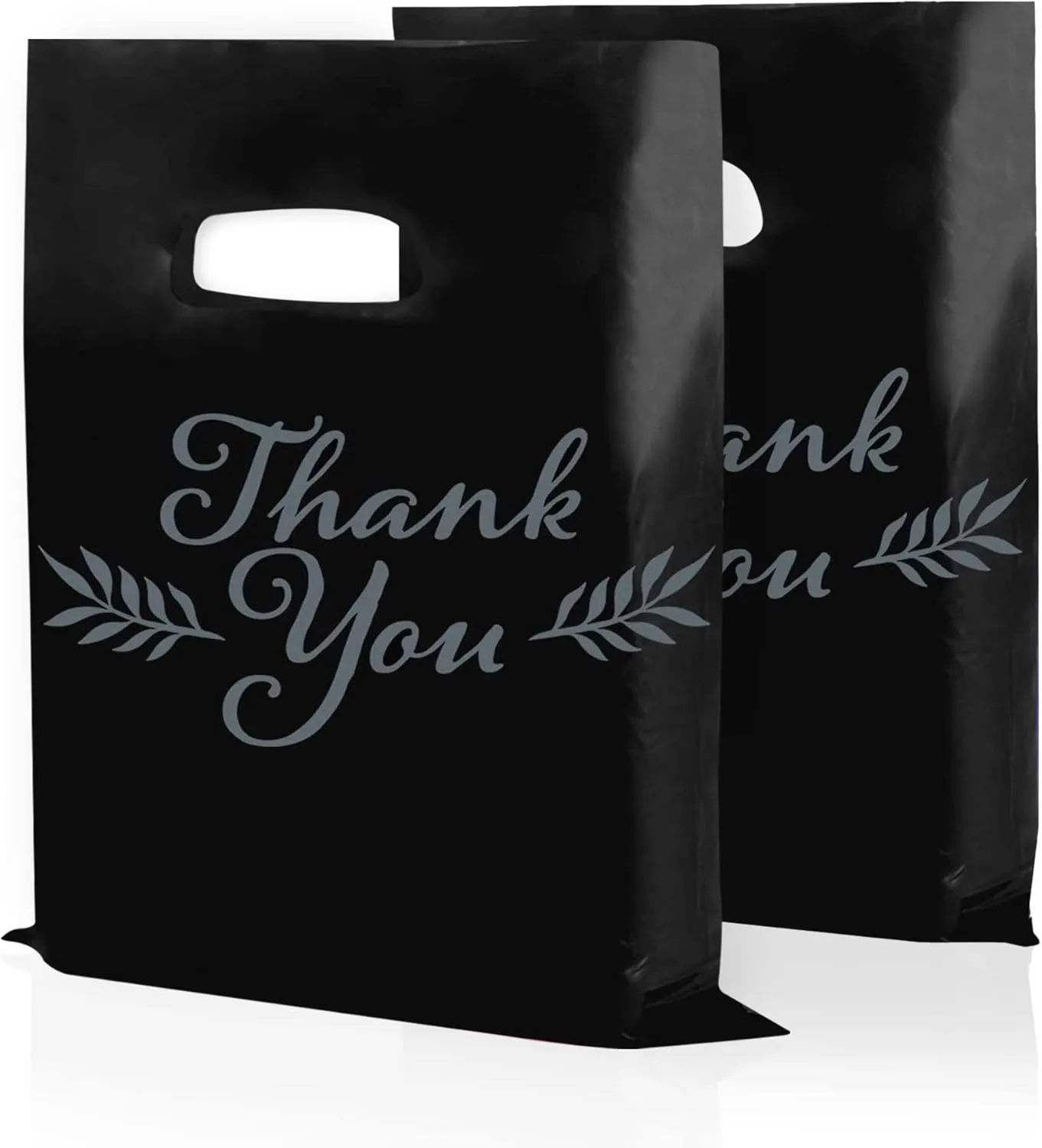 Houseables Thank You Merchandise Bags, Retail Shopping Goodie Bag, 16" x 18", 100 Pk, 1.75 Mil Thick, Black, White, Die Cut Handles, Tear-Resistant, 100% Recyclable, Plastic, Low Density, Glossy