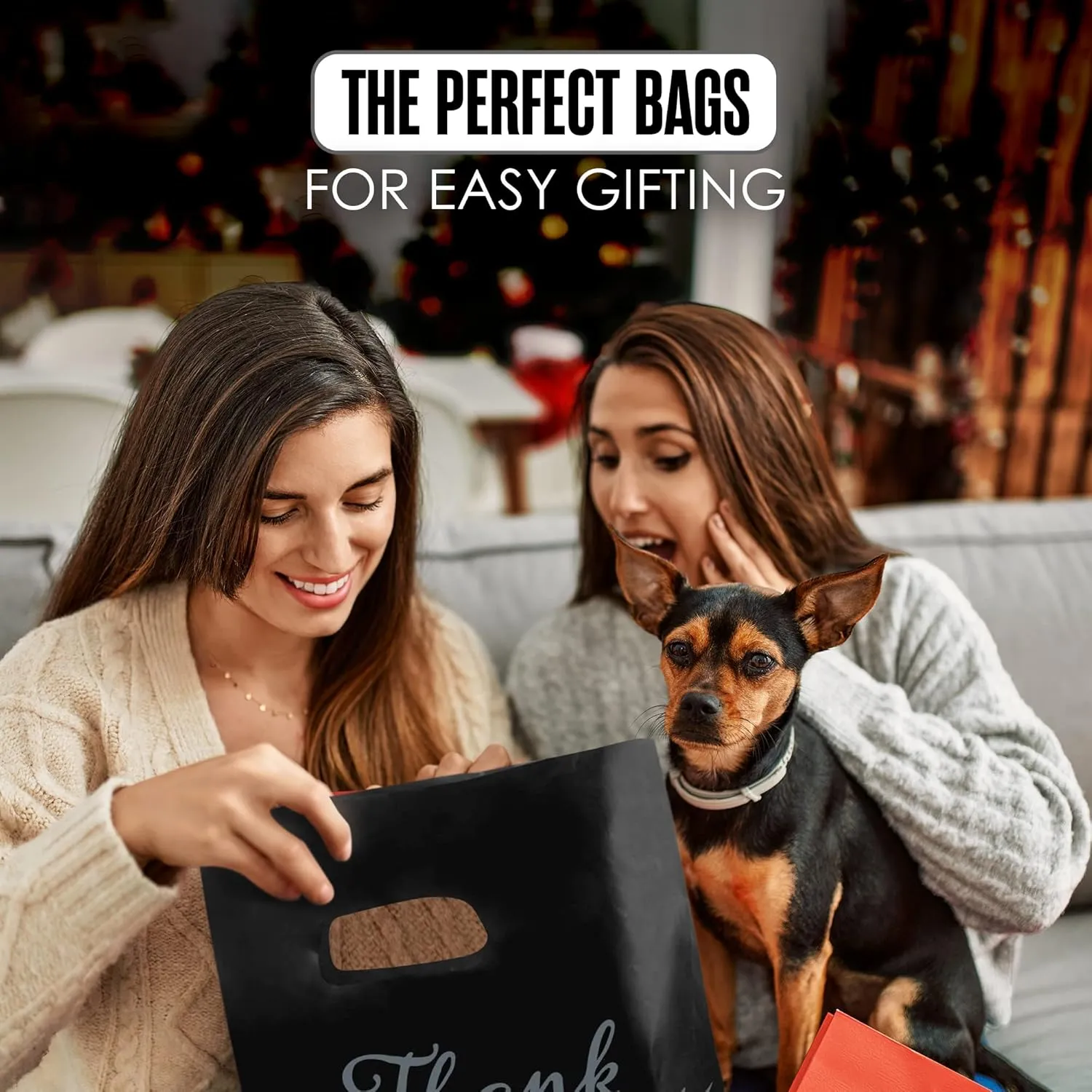 Houseables Thank You Merchandise Bags, Retail Shopping Goodie Bag, 16" x 18", 100 Pk, 1.75 Mil Thick, Black, White, Die Cut Handles, Tear-Resistant, 100% Recyclable, Plastic, Low Density, Glossy