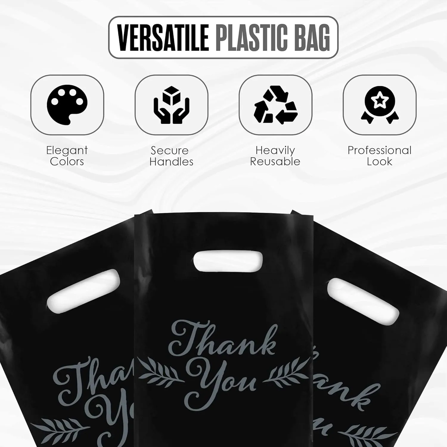 Houseables Thank You Merchandise Bags, Retail Shopping Goodie Bag, 16" x 18", 100 Pk, 1.75 Mil Thick, Black, White, Die Cut Handles, Tear-Resistant, 100% Recyclable, Plastic, Low Density, Glossy