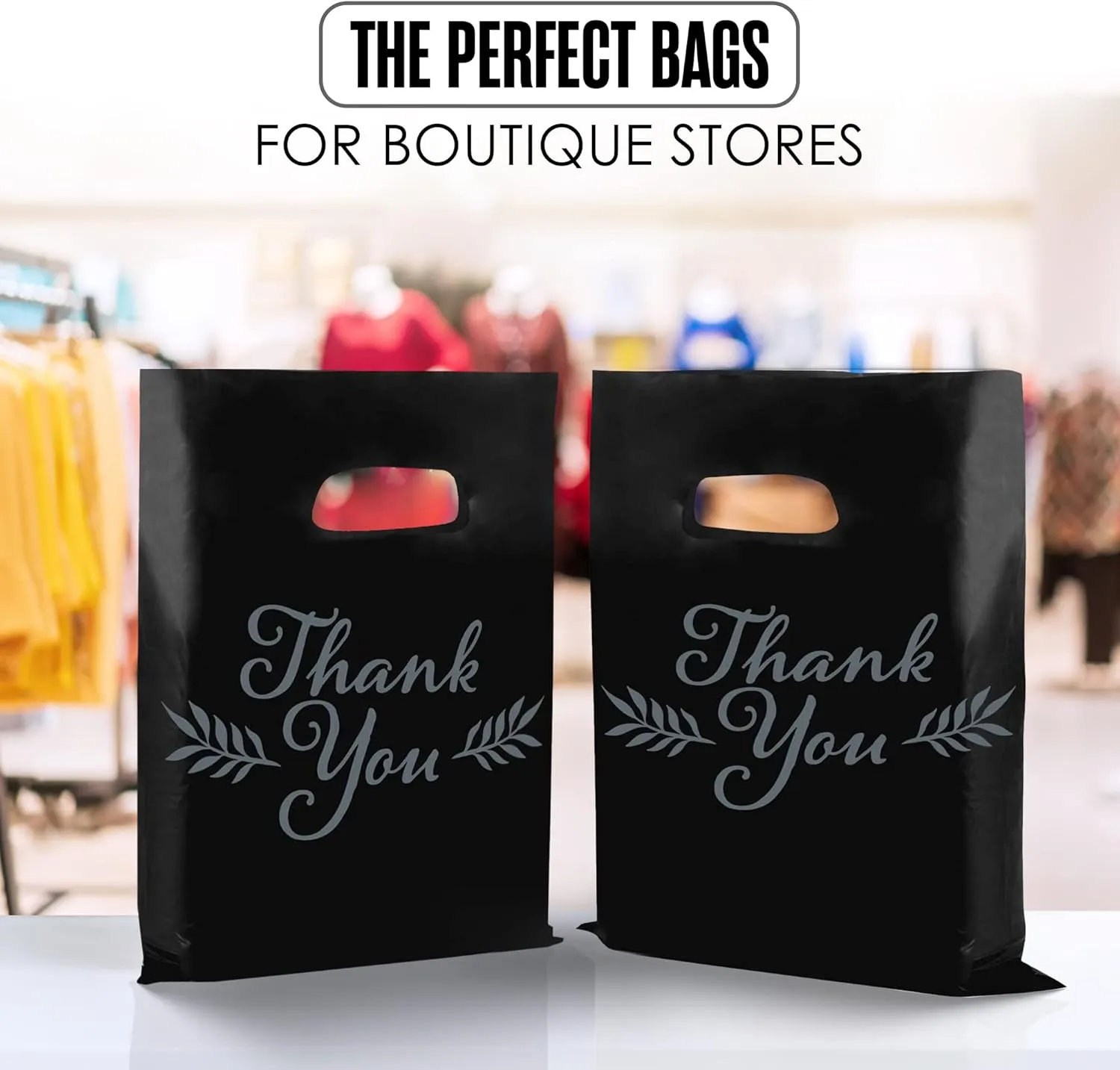 Houseables Thank You Merchandise Bags, Retail Shopping Goodie Bag, 16" x 18", 100 Pk, 1.75 Mil Thick, Black, White, Die Cut Handles, Tear-Resistant, 100% Recyclable, Plastic, Low Density, Glossy