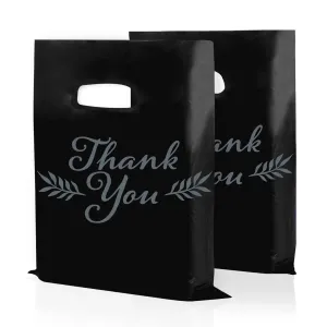 Houseables Thank You Merchandise Bags, Retail Shopping Goodie Bag, 20" x 22",100 Pk, 1.75 Mil Thick, Black, White, Die Cut Handles, Tear-Resistant, 100% Recyclable, Plastic, Low Density, Glossy