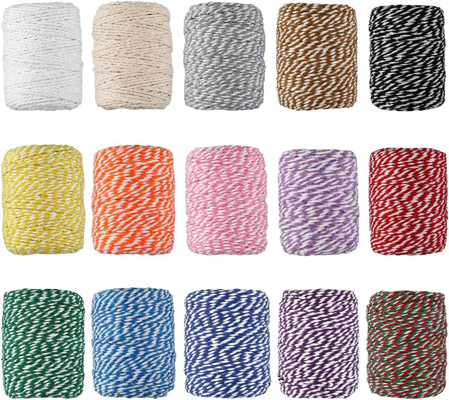 HULISEN Colorful Bakers Twine, 15 Rolls 2mm 3 Strands Cotton String for Cooking, Artworks, DIY Crafts, Plant Hanger and Embellishments, Festive Twine for Gift Wrapping (Each 164 Feet)