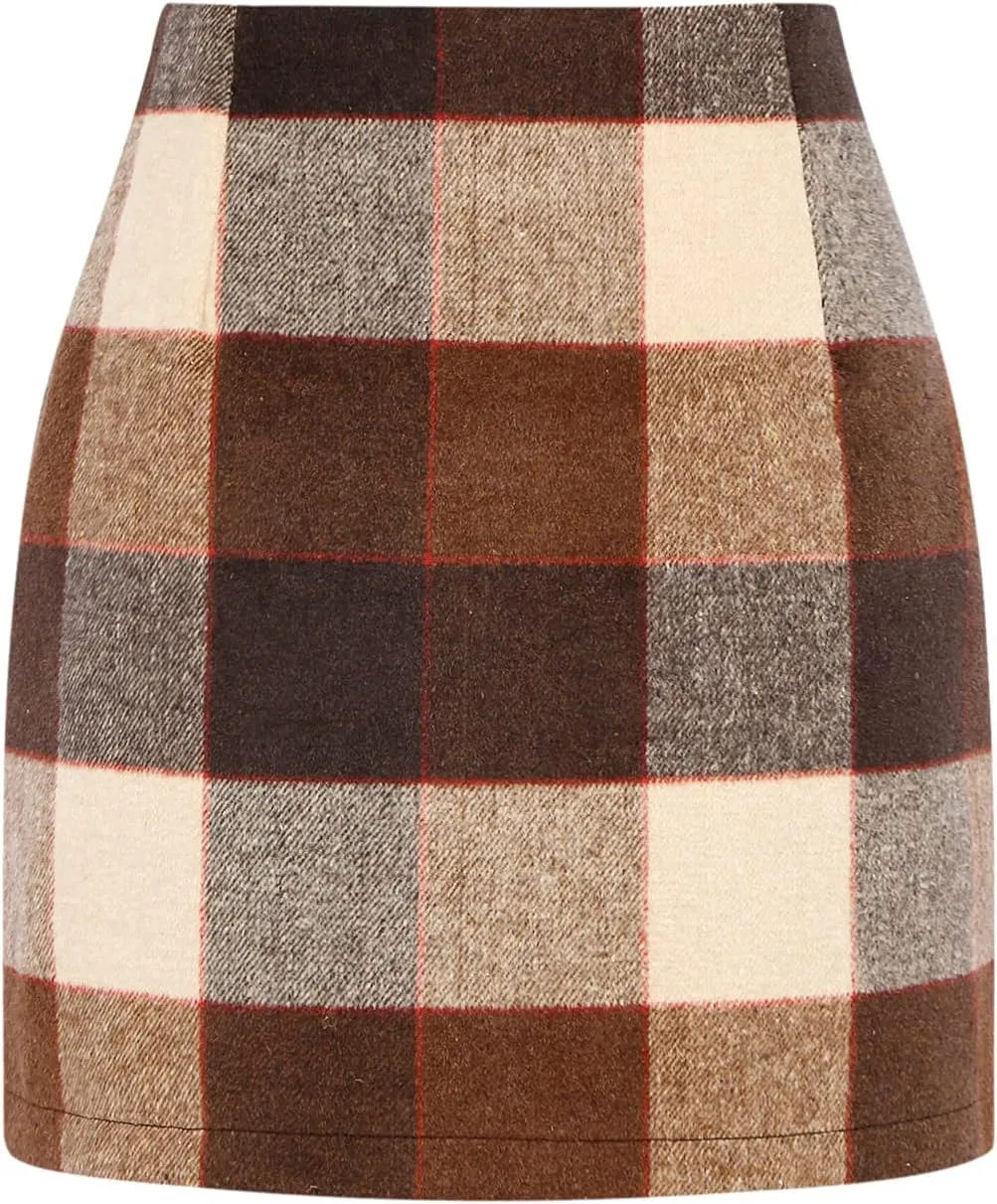 IDEALSANXUN Womens High Waist Plaid Skirt Bodycon Pencil Wool Mini Skirts