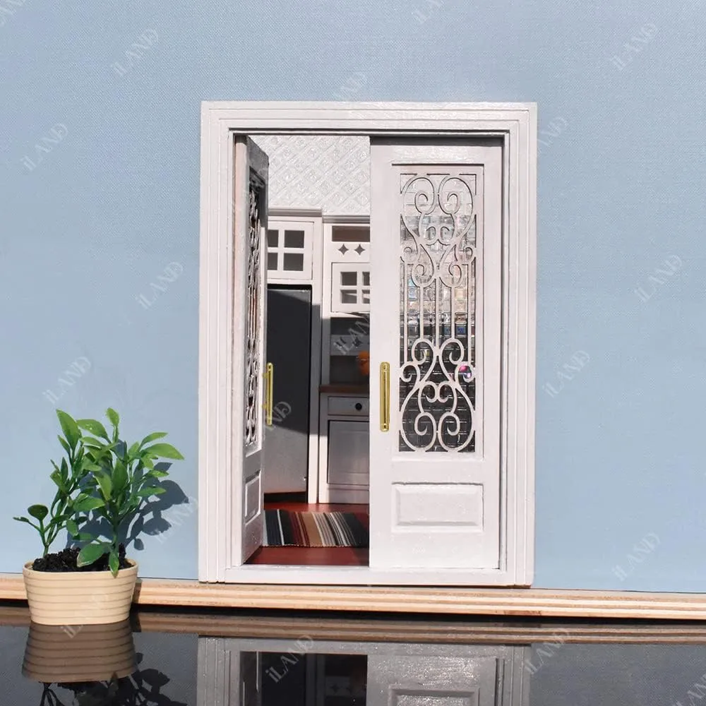 iLAND Dollhouse Door on 1:12 Scale, Dollhouse Accessories of Miniature Gate w/Carved Pattern & 3D Lattice Panes Reflecting Rainbow Light & Golden Handles