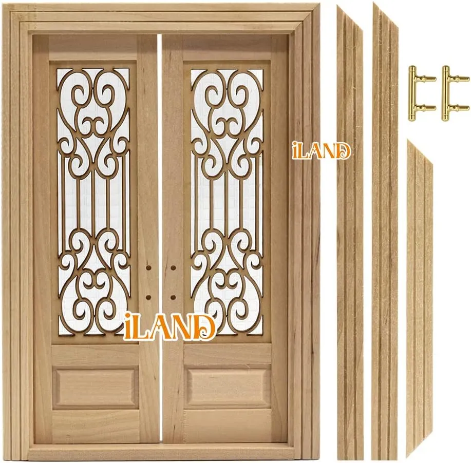 iLAND Dollhouse Door on 1:12 Scale, Dollhouse Accessories of Miniature Gate w/Carved Pattern & 3D Lattice Panes Reflecting Rainbow Light & Golden Handles