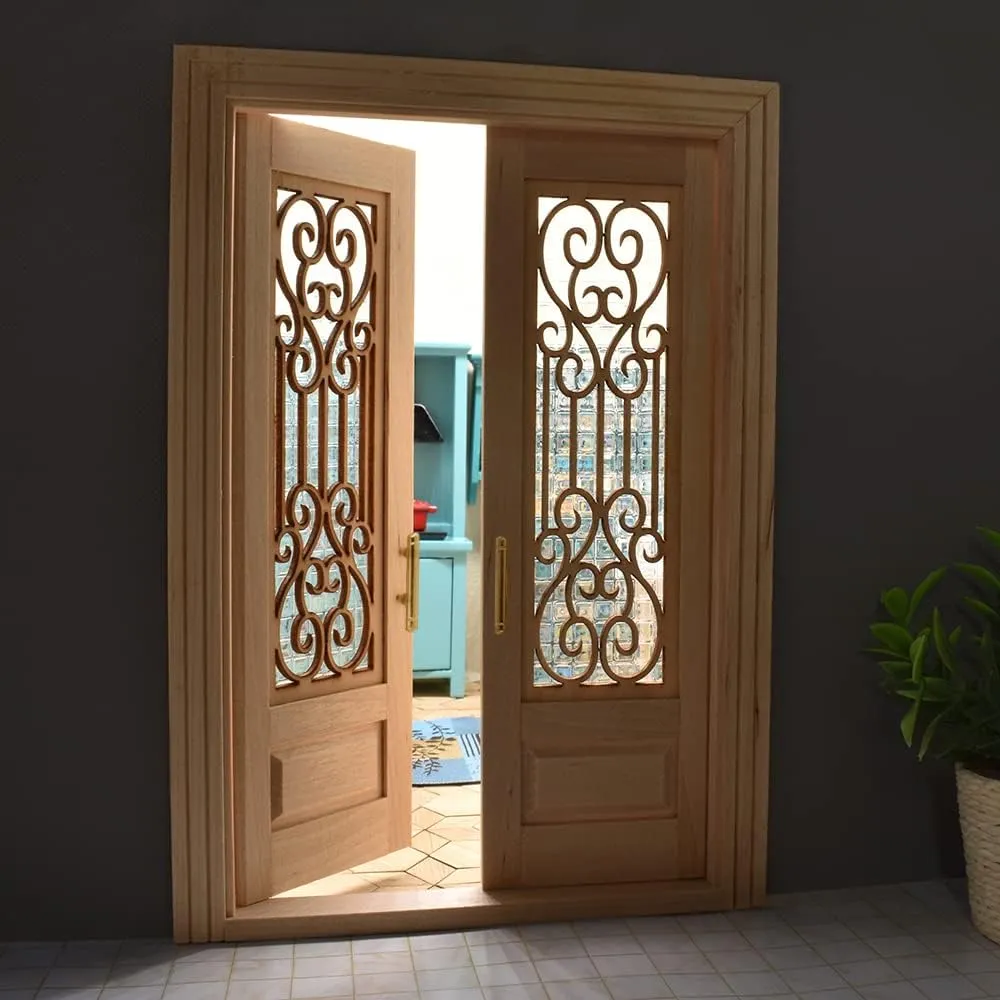 iLAND Dollhouse Door on 1:12 Scale, Dollhouse Accessories of Miniature Gate w/Carved Pattern & 3D Lattice Panes Reflecting Rainbow Light & Golden Handles