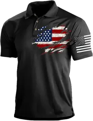 Independence Day Short Sleeve Polo Shirts for Men Graphic Stretch Casual American Patriotic Raglan Golf Polos for Men