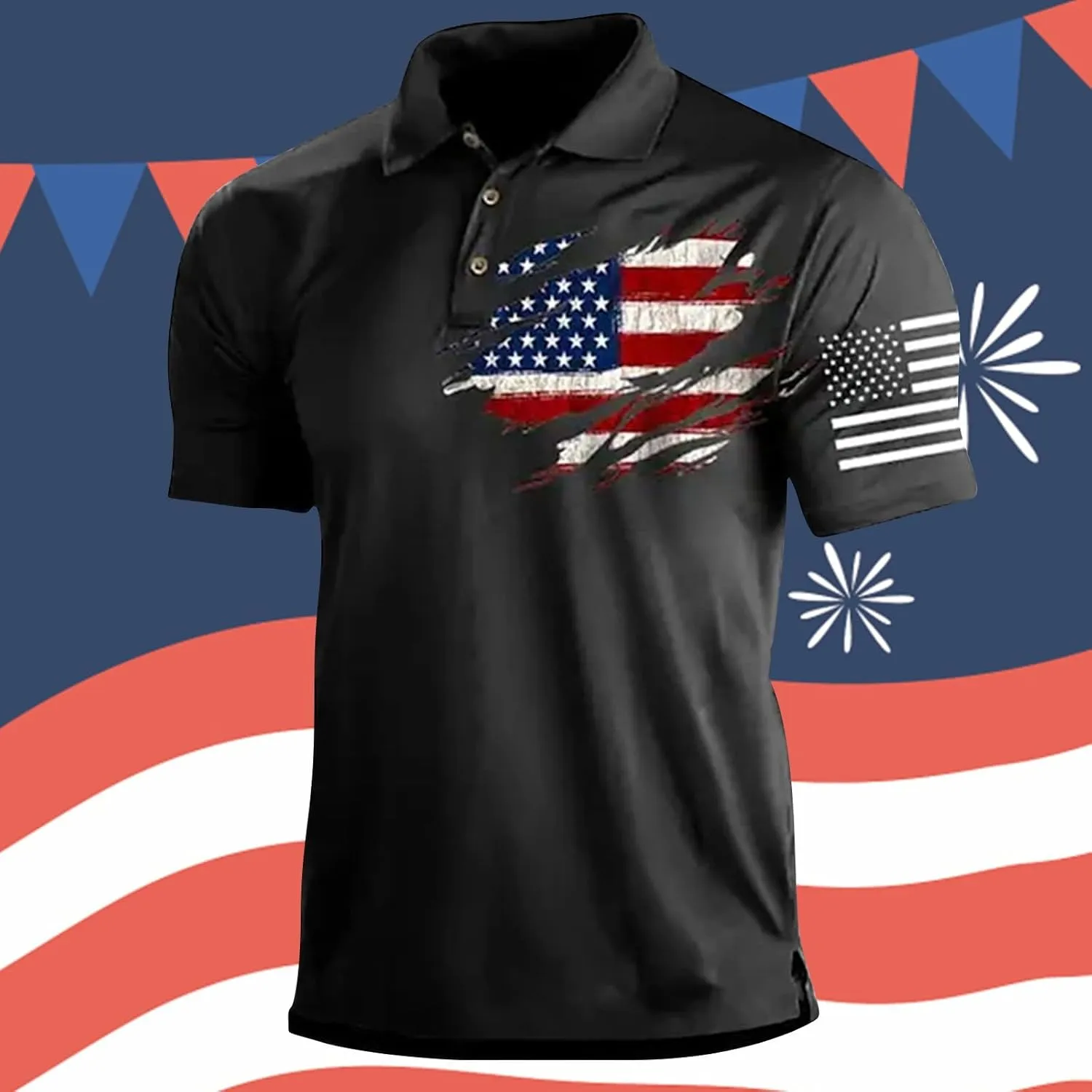 Independence Day Short Sleeve Polo Shirts for Men Graphic Stretch Casual American Patriotic Raglan Golf Polos for Men