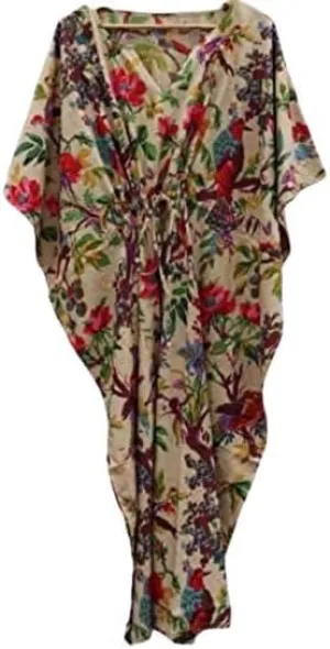 Indian Bird Print Cotton Kaftan Beach Wear Cover Up Night Gown Sleepwear Kaftan Bridesmaid Kaftan Longwear