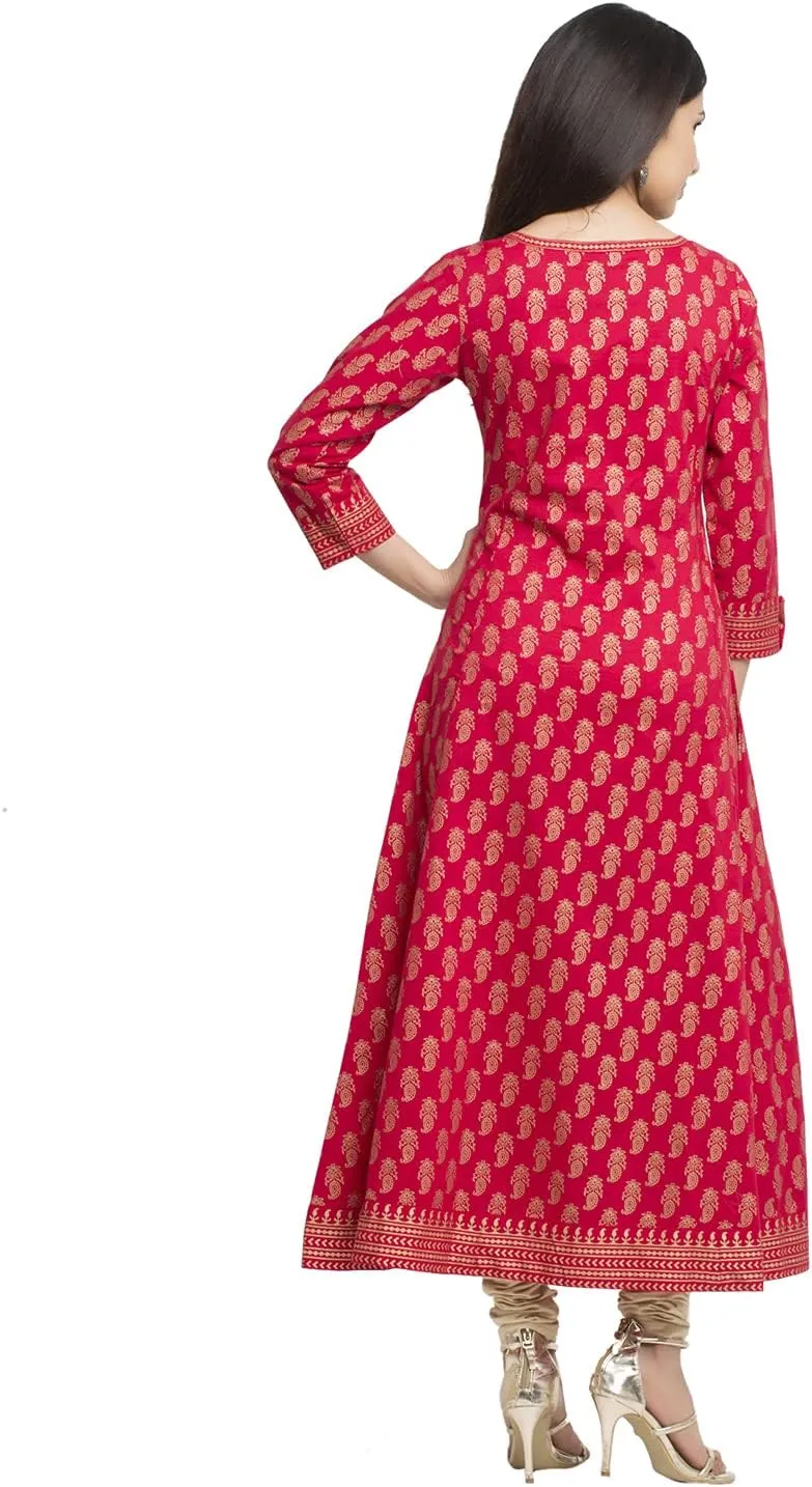 Indian Tunic Cotton Gold Print Anarkali Kurtis for Women (Red)