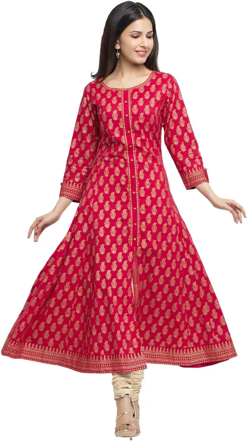 Indian Tunic Cotton Gold Print Anarkali Kurtis for Women (Red)
