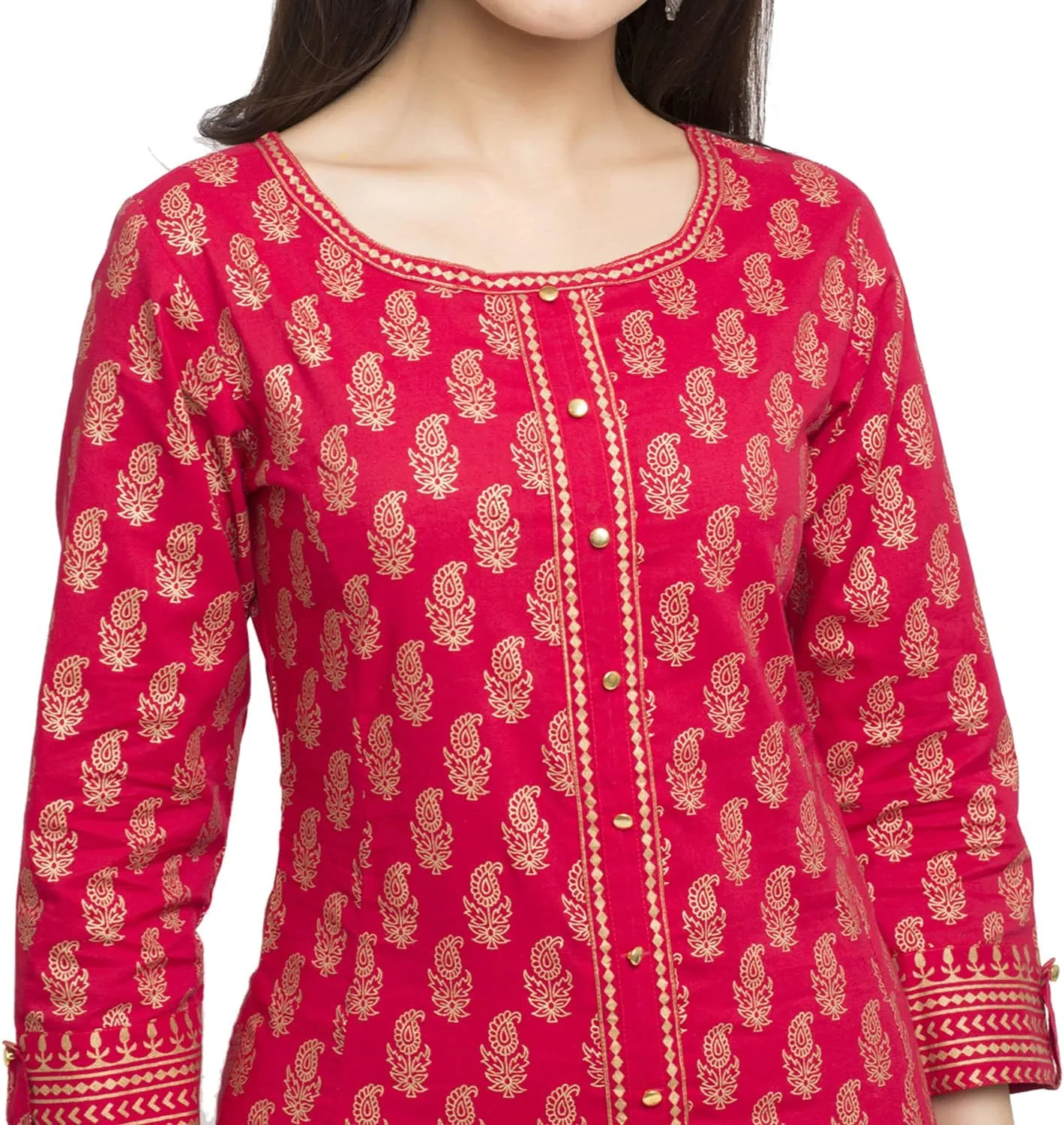 Indian Tunic Cotton Gold Print Anarkali Kurtis for Women (Red)