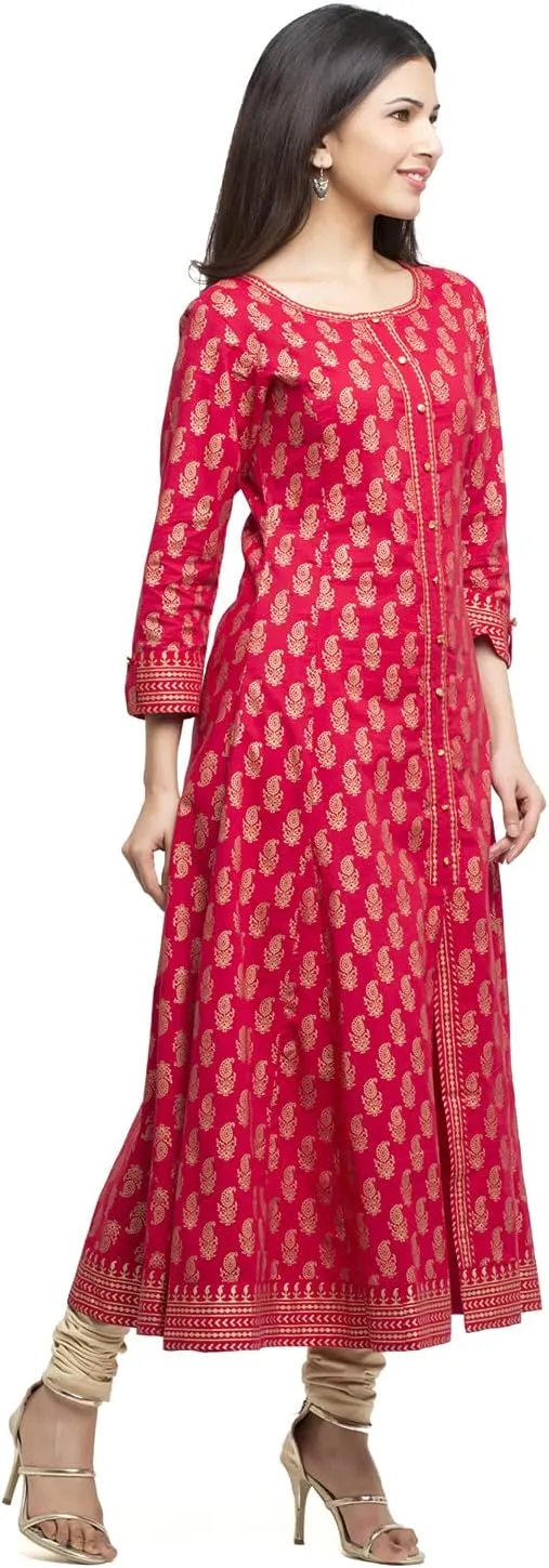 Indian Tunic Cotton Gold Print Anarkali Kurtis for Women (Red)