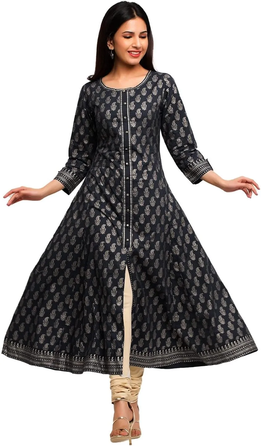 Indian Tunic Cotton Gold Print Anarkali Kurtis for Women (Red)