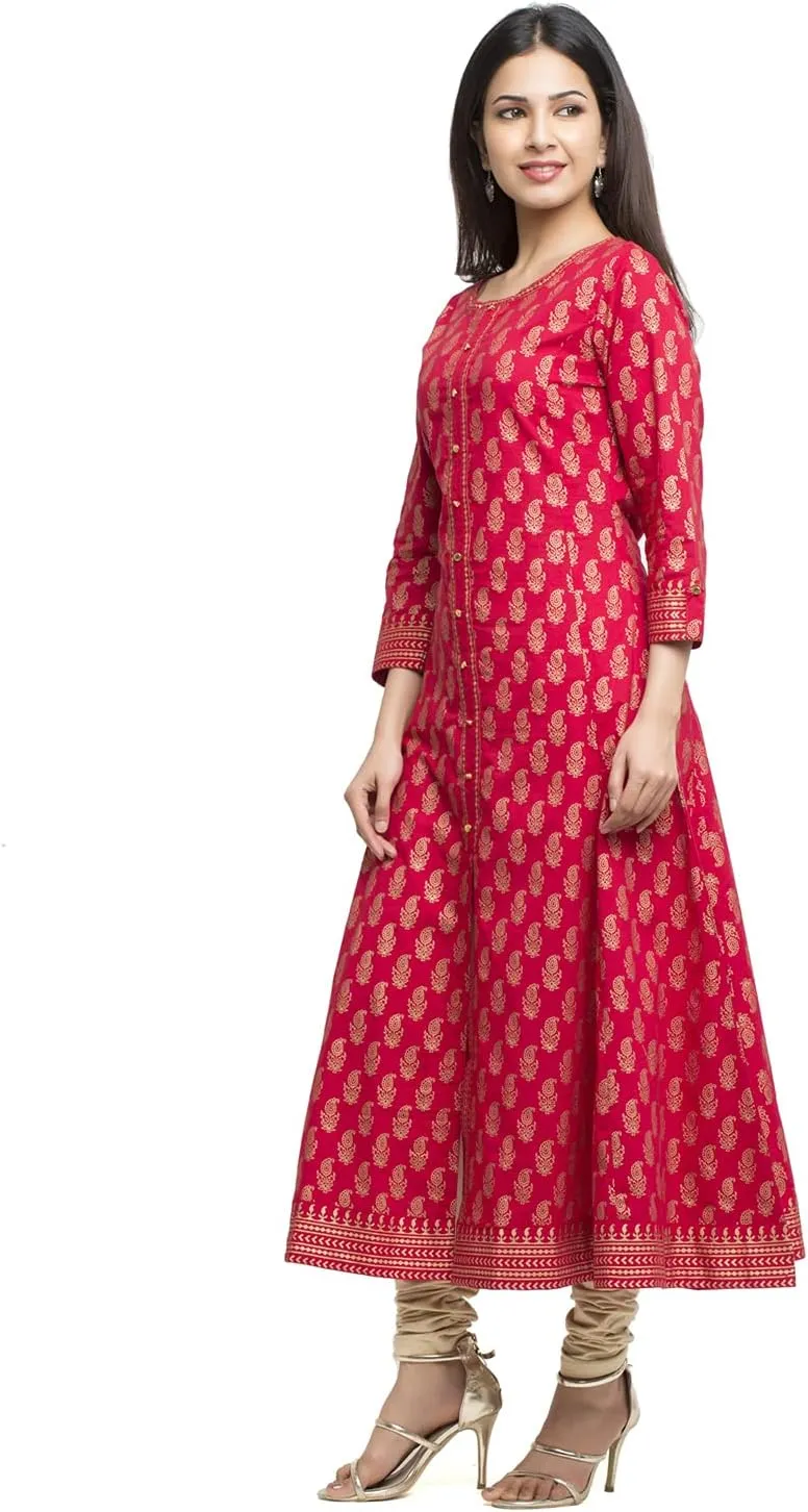 Indian Tunic Cotton Gold Print Anarkali Kurtis for Women (Red)