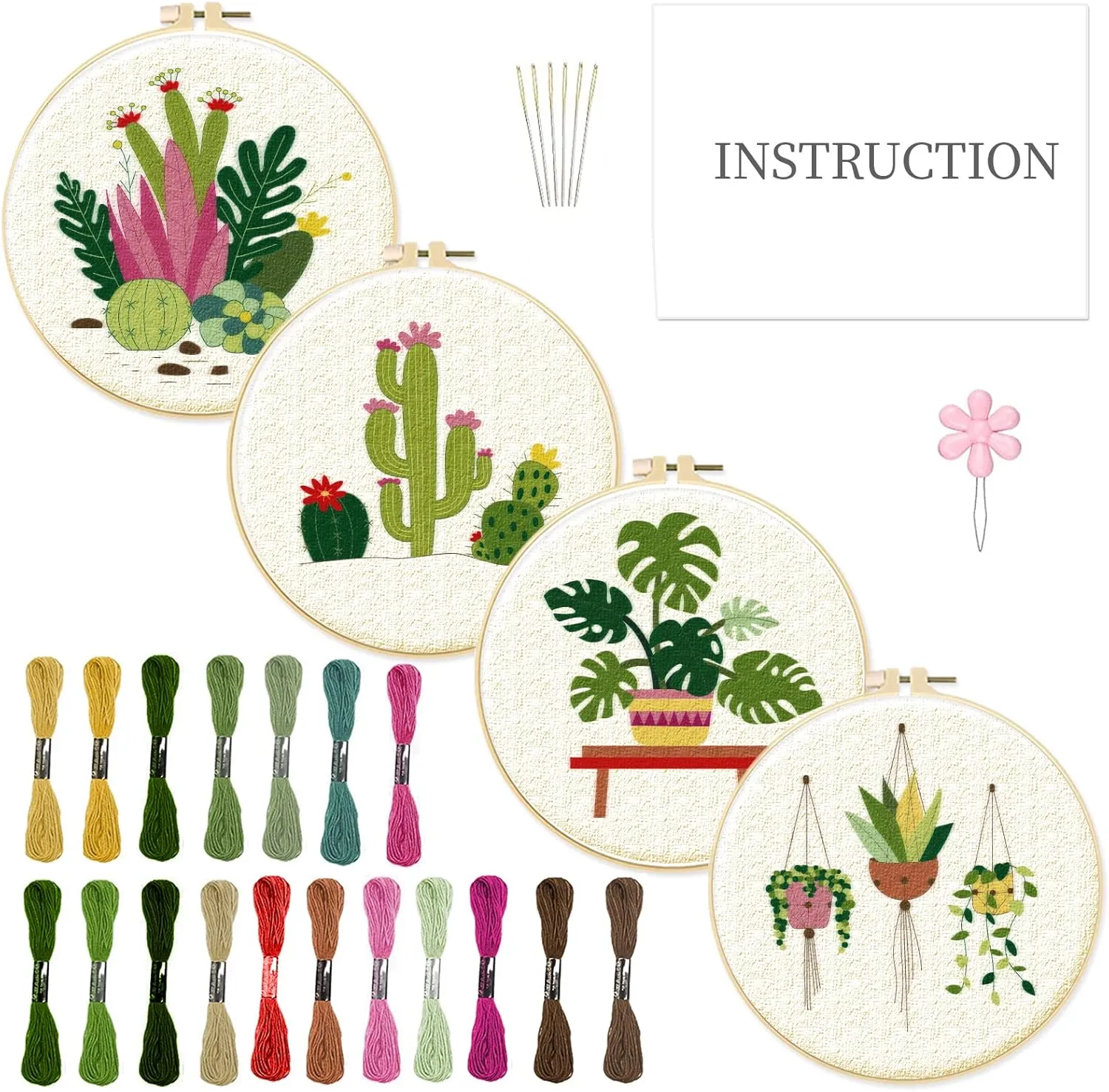 INFUNLY 4 Pack Tropical Plants Embroidery Kit for Beginners Adults Cactus Embroidery Starter Kit Punch Needle Embroidery Kits Palm Leaf Cross Stitch Kits with Patterns Instructions for DIY
