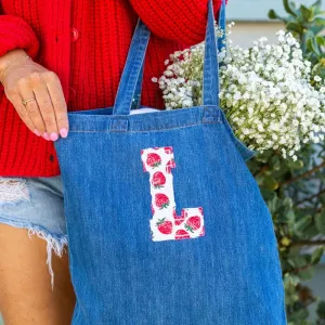 Initial 'Strawberry Charm' Appliqué Stitch Denim Tote