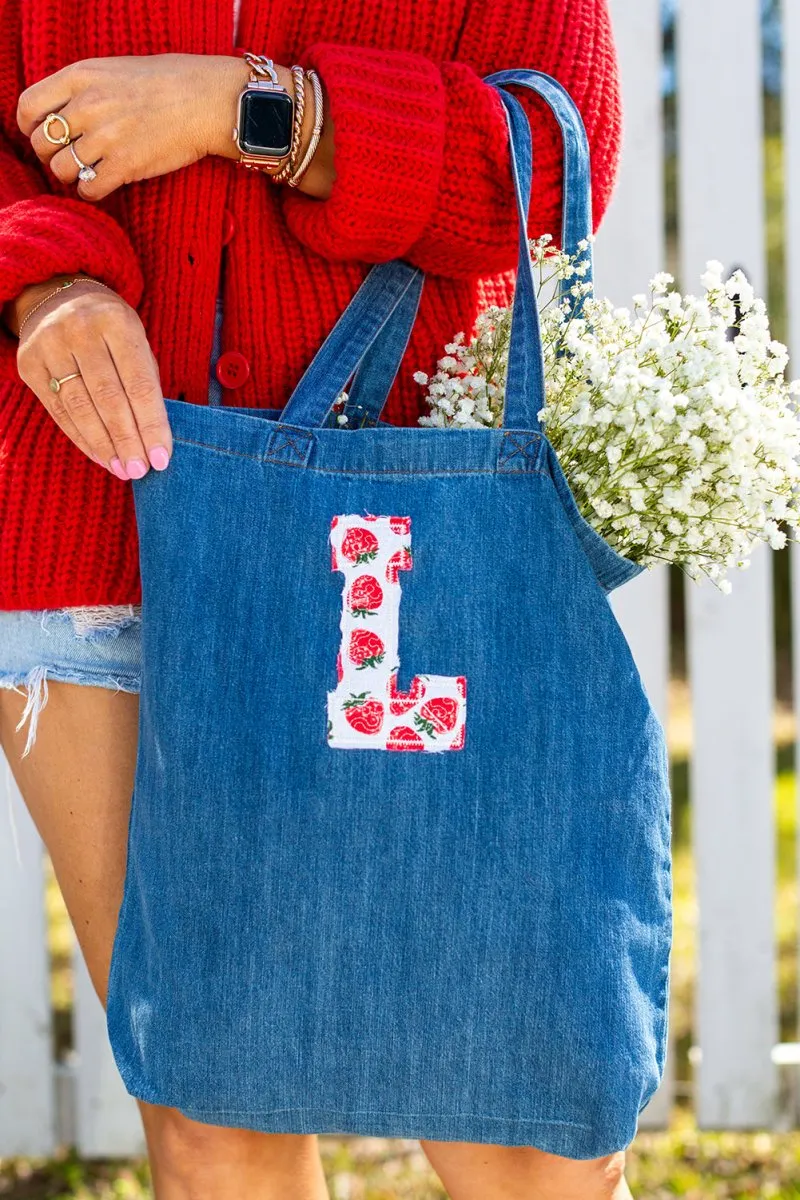 Initial 'Strawberry Charm' Appliqué Stitch Denim Tote