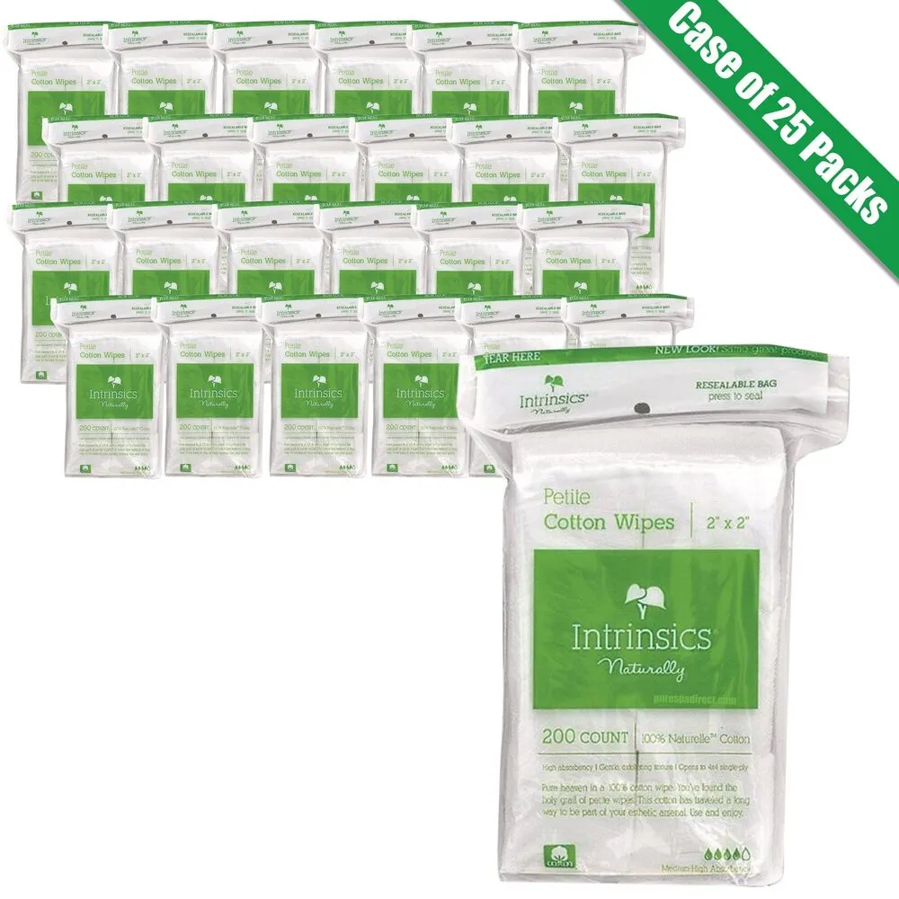Intrinsics Cotton Esthetic Wipes - Petite - 2" X 2" - 100% Naturelle Cotton / 200 Count per Resealable Bag X 25 Bags = Case of 5,000 Cotton Esthetic Wipes