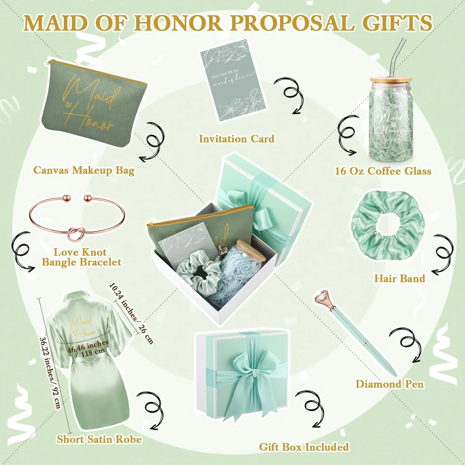 Irenare 8 Pcs Proposal Gifts Set Robes Makeup Bag Cup Cards Hair Tie Bracelet Diamond Pen Bridesmaid Gift Box (Light Green,Maid of Honor)