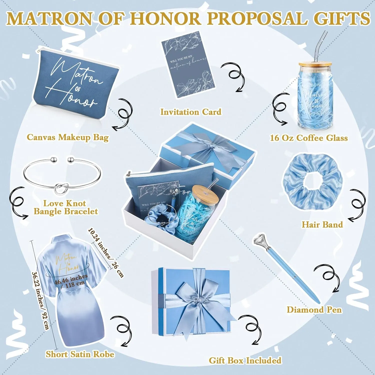 Irenare 8 Pcs Proposal Gifts Set Robes Makeup Bag Cup Cards Hair Tie Bracelet Diamond Pen Bridesmaid Gift Box(Blue,Matron of Honor)