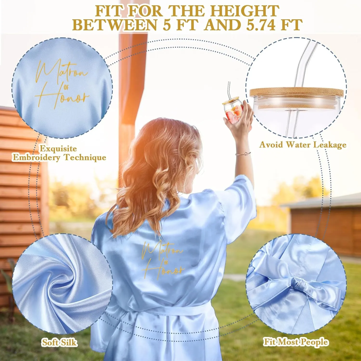 Irenare 8 Pcs Proposal Gifts Set Robes Makeup Bag Cup Cards Hair Tie Bracelet Diamond Pen Bridesmaid Gift Box(Blue,Matron of Honor)
