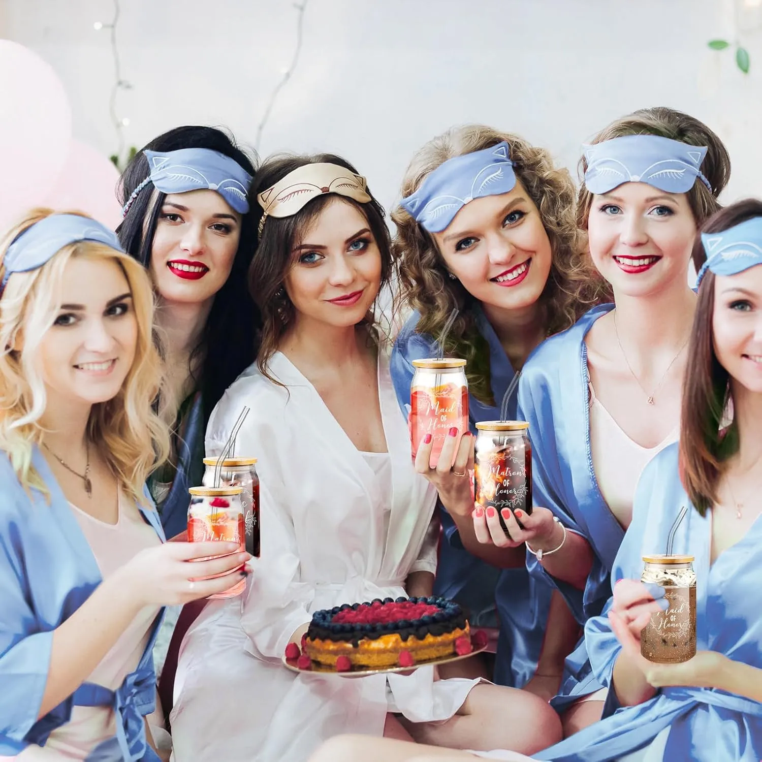 Irenare 8 Pcs Proposal Gifts Set Robes Makeup Bag Cup Cards Hair Tie Bracelet Diamond Pen Bridesmaid Gift Box(Blue,Matron of Honor)