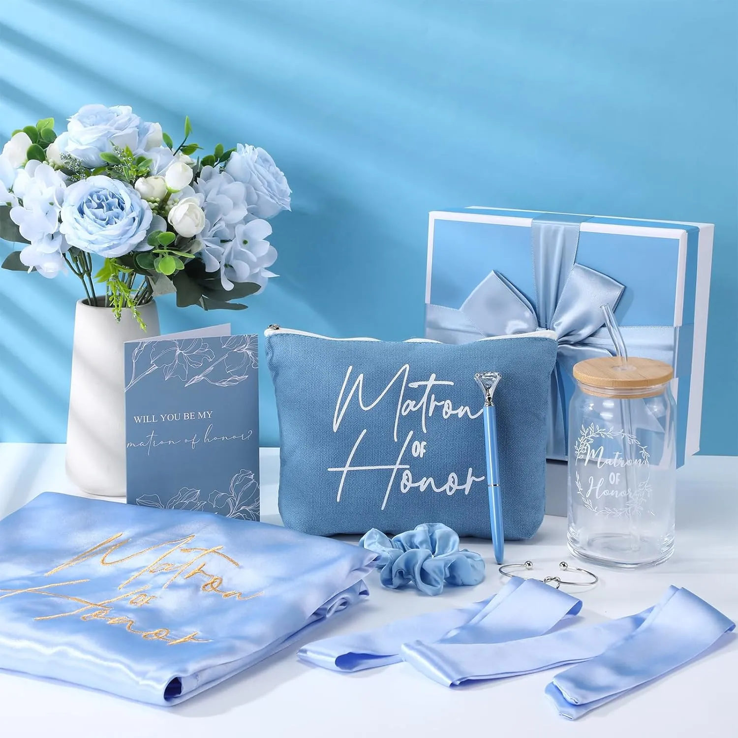 Irenare 8 Pcs Proposal Gifts Set Robes Makeup Bag Cup Cards Hair Tie Bracelet Diamond Pen Bridesmaid Gift Box(Blue,Matron of Honor)