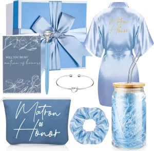 Irenare 8 Pcs Proposal Gifts Set Robes Makeup Bag Cup Cards Hair Tie Bracelet Diamond Pen Bridesmaid Gift Box(Blue,Matron of Honor)