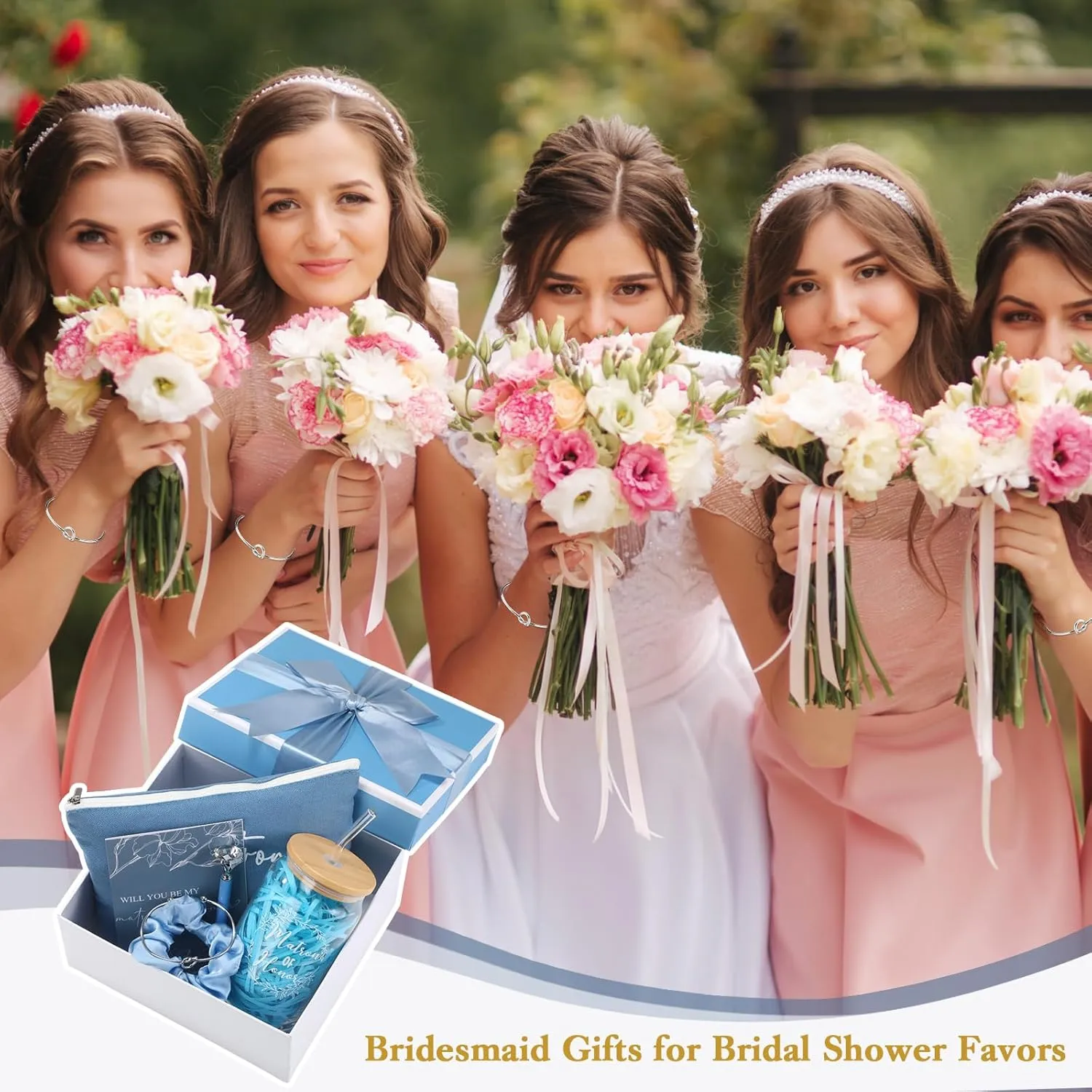 Irenare 8 Pcs Proposal Gifts Set Robes Makeup Bag Cup Cards Hair Tie Bracelet Diamond Pen Bridesmaid Gift Box(Blue,Matron of Honor)