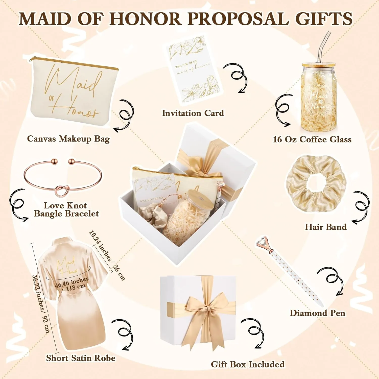 Irenare 8 Pcs Proposal Gifts Set Robes Makeup Bag Cup Cards Hair Tie Bracelet Diamond Pen Bridesmaid Gift Box(Champagne,Maid of Honor)