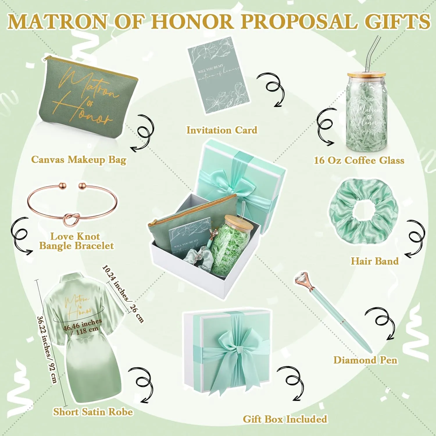 Irenare 8 Pcs Proposal Gifts Set Robes Makeup Bag Cup Cards Hair Tie Bracelet Diamond Pen Bridesmaid Gift Box(Light Green,Matron of Honor)