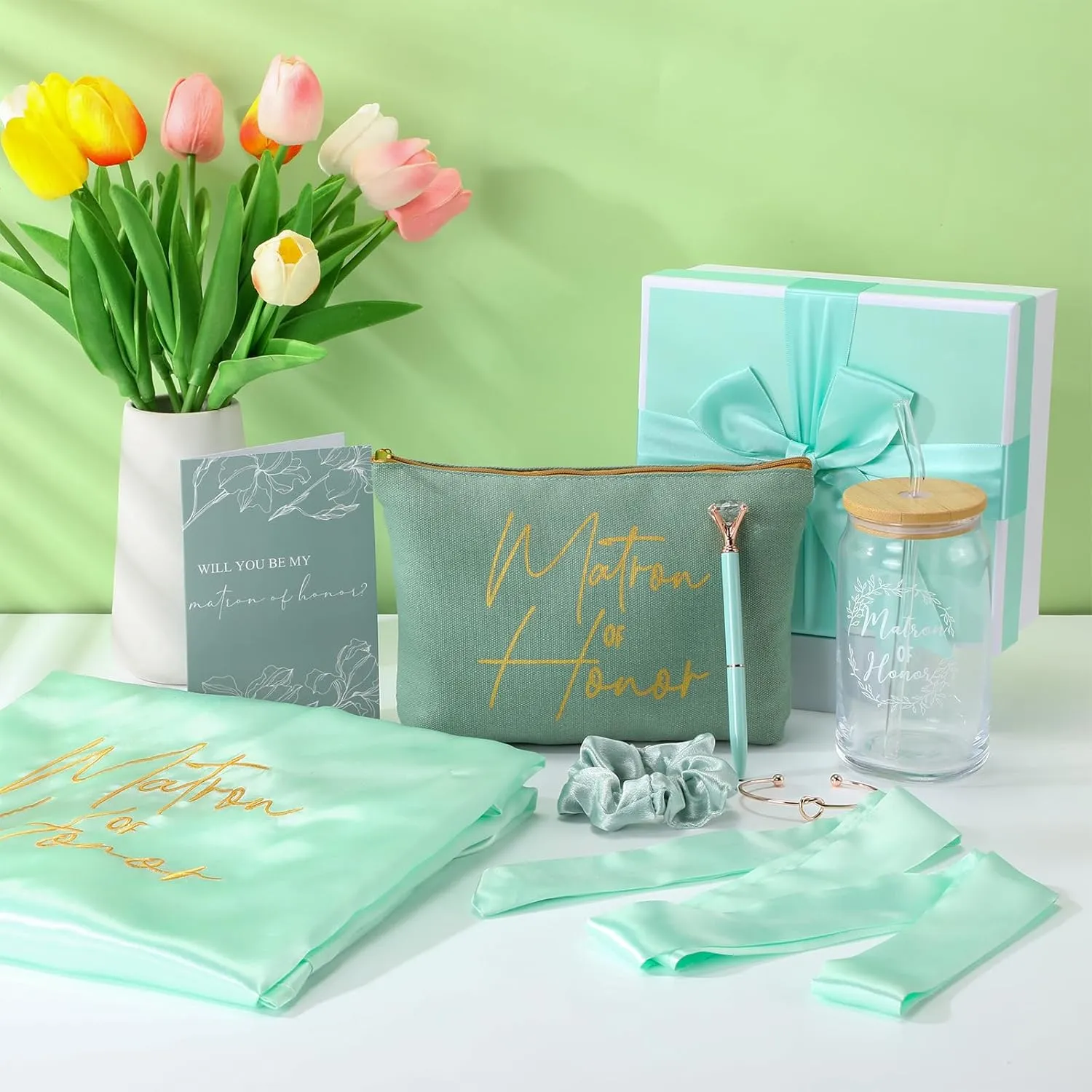 Irenare 8 Pcs Proposal Gifts Set Robes Makeup Bag Cup Cards Hair Tie Bracelet Diamond Pen Bridesmaid Gift Box(Light Green,Matron of Honor)