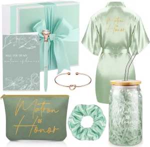 Irenare 8 Pcs Proposal Gifts Set Robes Makeup Bag Cup Cards Hair Tie Bracelet Diamond Pen Bridesmaid Gift Box(Light Green,Matron of Honor)