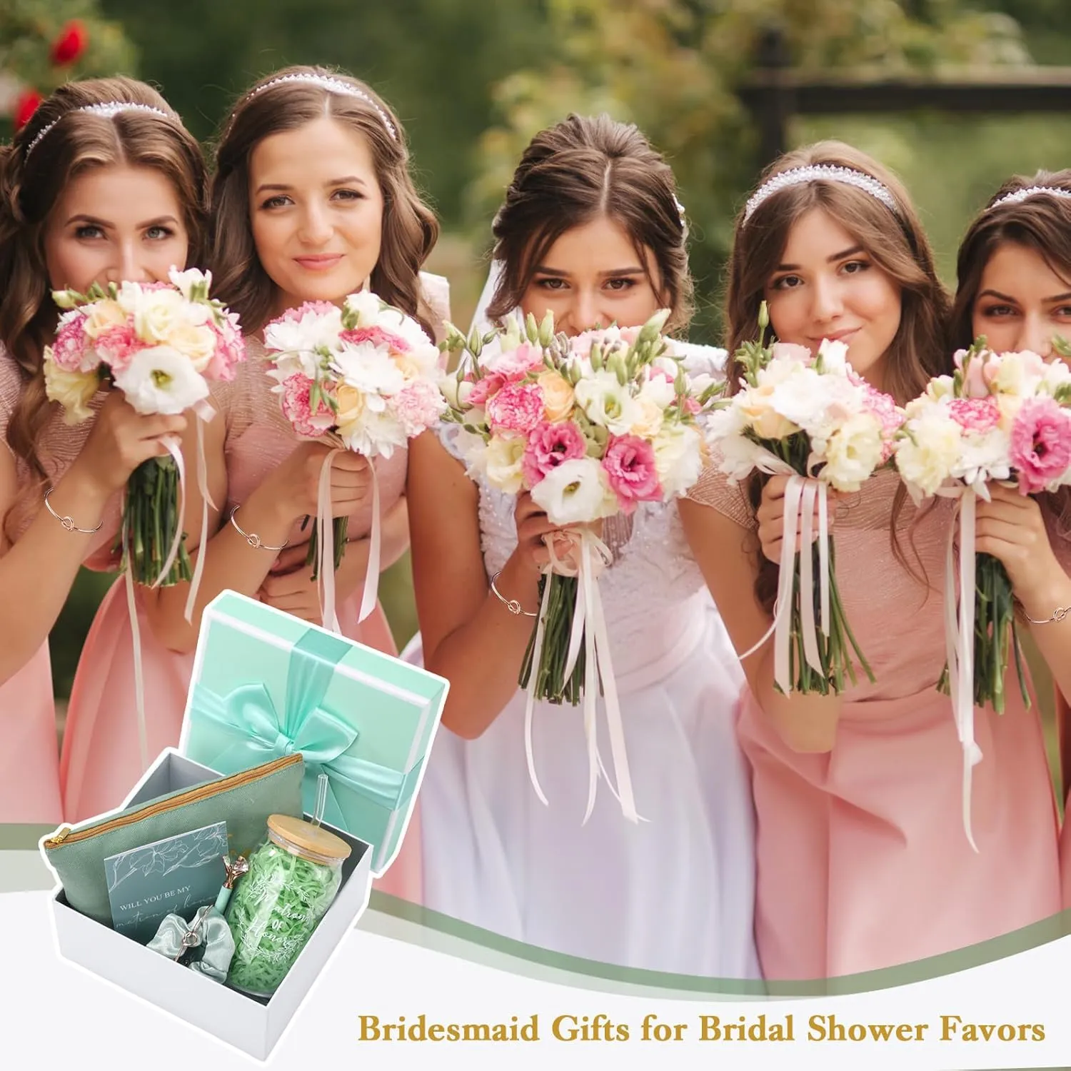 Irenare 8 Pcs Proposal Gifts Set Robes Makeup Bag Cup Cards Hair Tie Bracelet Diamond Pen Bridesmaid Gift Box(Light Green,Matron of Honor)