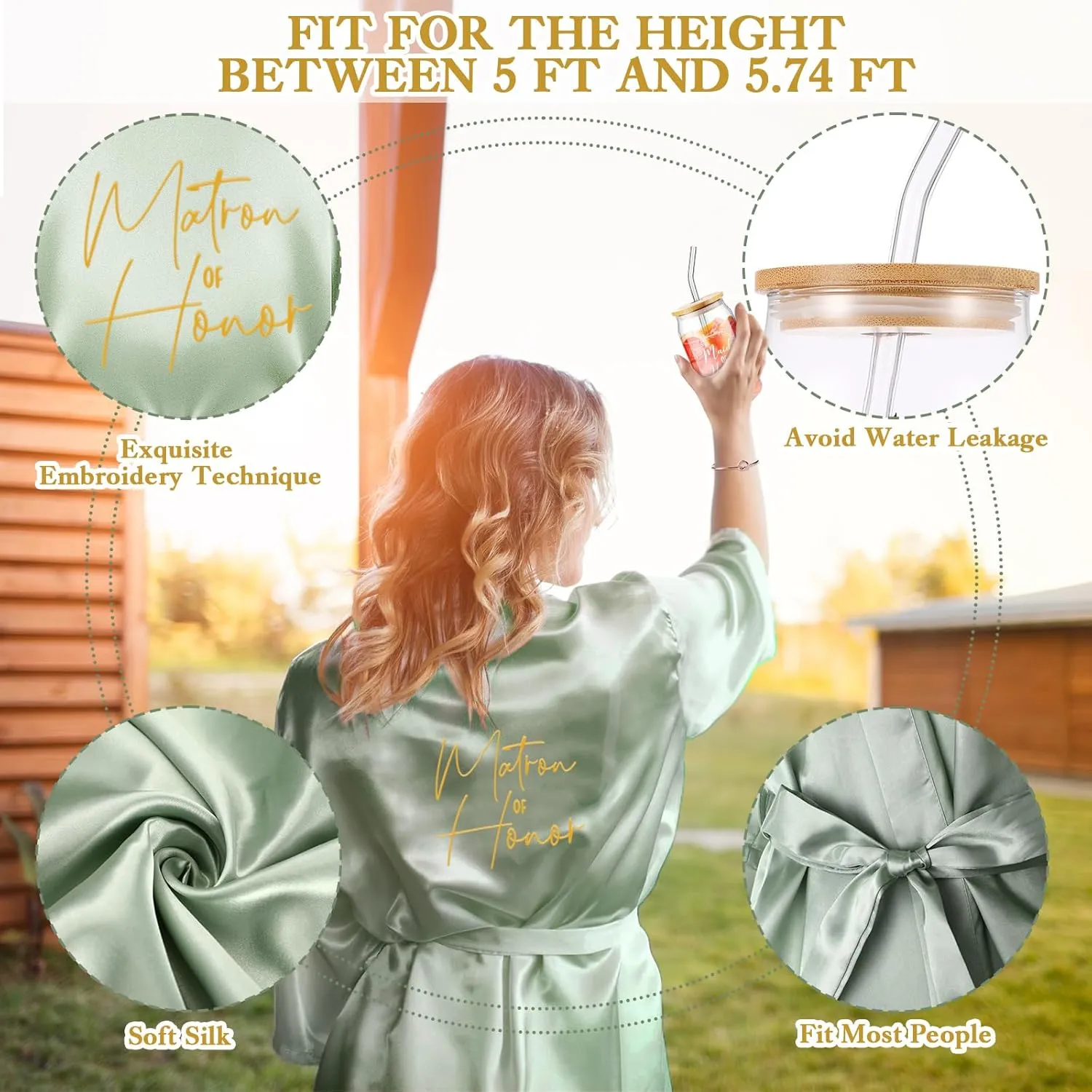 Irenare 8 Pcs Proposal Gifts Set Robes Makeup Bag Cup Cards Hair Tie Bracelet Diamond Pen Bridesmaid Gift Box(Light Green,Matron of Honor)