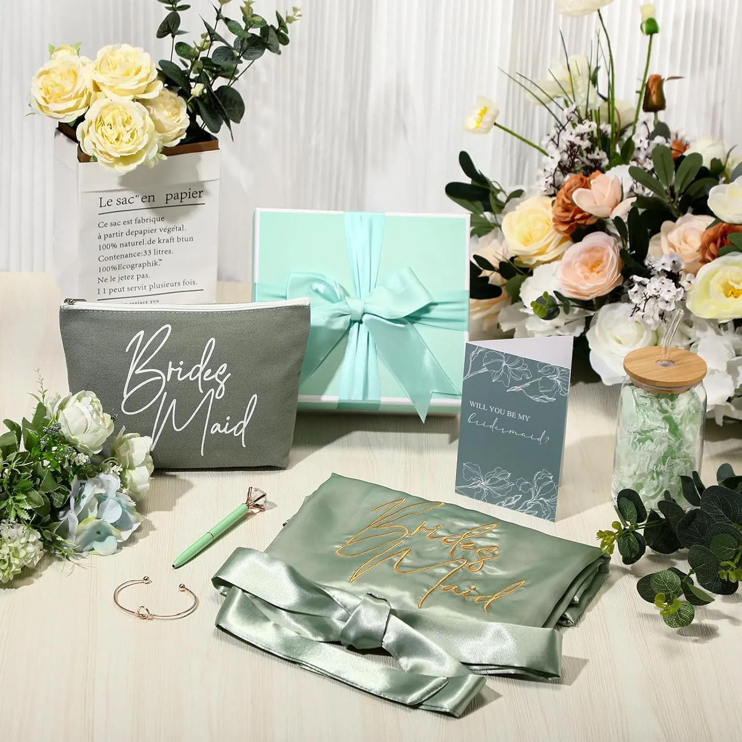 Irenare Bridesmaid Proposal Gifts Set Robes Makeup Bag Cup Cards Hair Tie Bracelet Diamond Pen Bridesmaid Gift Box(Green,8 Pcs)