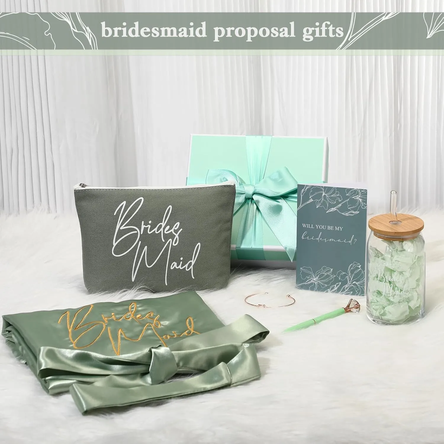 Irenare Bridesmaid Proposal Gifts Set Robes Makeup Bag Cup Cards Hair Tie Bracelet Diamond Pen Bridesmaid Gift Box(Green,8 Pcs)