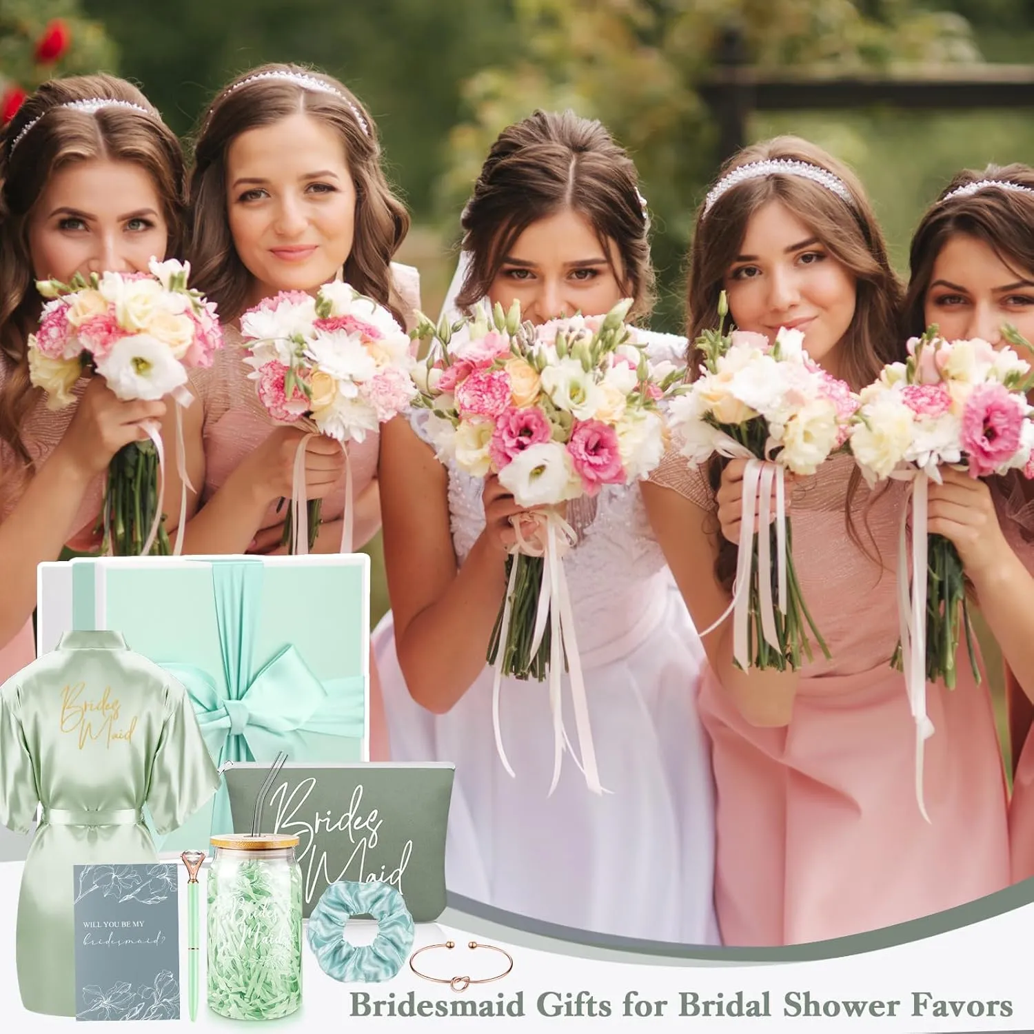 Irenare Bridesmaid Proposal Gifts Set Robes Makeup Bag Cup Cards Hair Tie Bracelet Diamond Pen Bridesmaid Gift Box(Green,8 Pcs)
