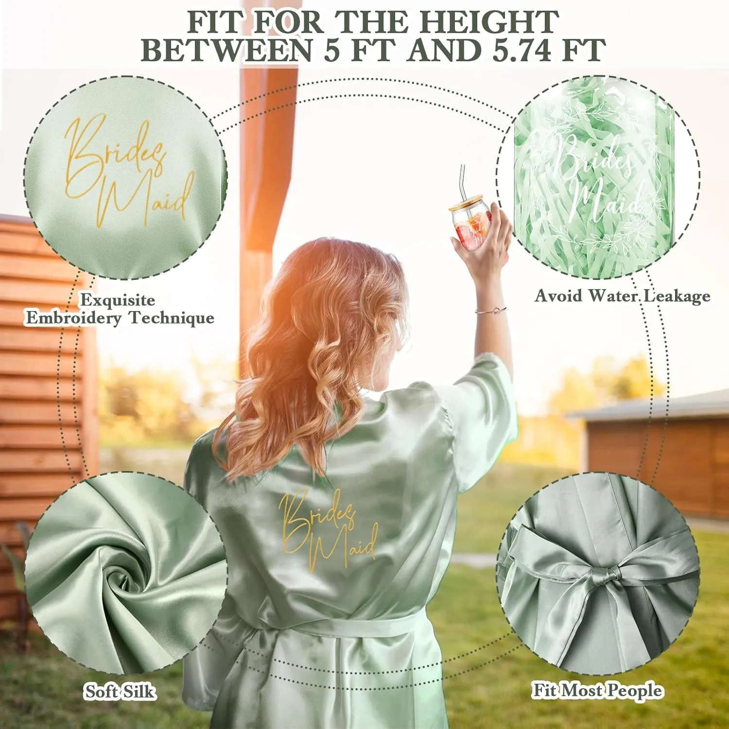 Irenare Bridesmaid Proposal Gifts Set Robes Makeup Bag Cup Cards Hair Tie Bracelet Diamond Pen Bridesmaid Gift Box(Green,8 Pcs)