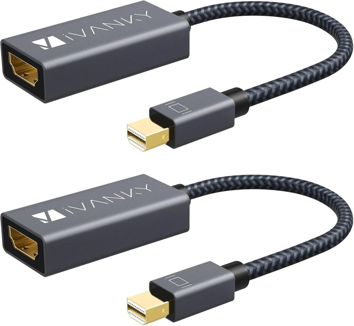 IVANKY Mini Displayport to HDMI Adapter [2-Pack, Super Slim, Braided] Thunderbolt 1&2 to HDMI, Mini DP to HDMI Adapter for Microsoft Surface Pro/Dock, MacBook Air/Pro, Monitor, Projector - Space Grey