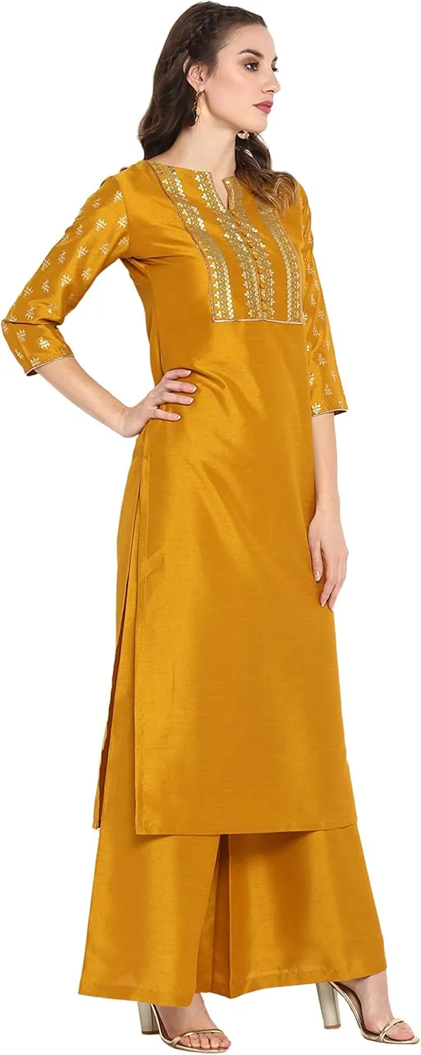 Janasya Indian Women's Mustard Embellished Kurta Kurti Top Tunic Festive Party wear Kurta with Palazzo Set for Women
