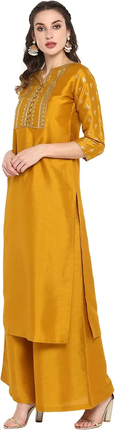 Janasya Indian Women's Mustard Embellished Kurta Kurti Top Tunic Festive Party wear Kurta with Palazzo Set for Women