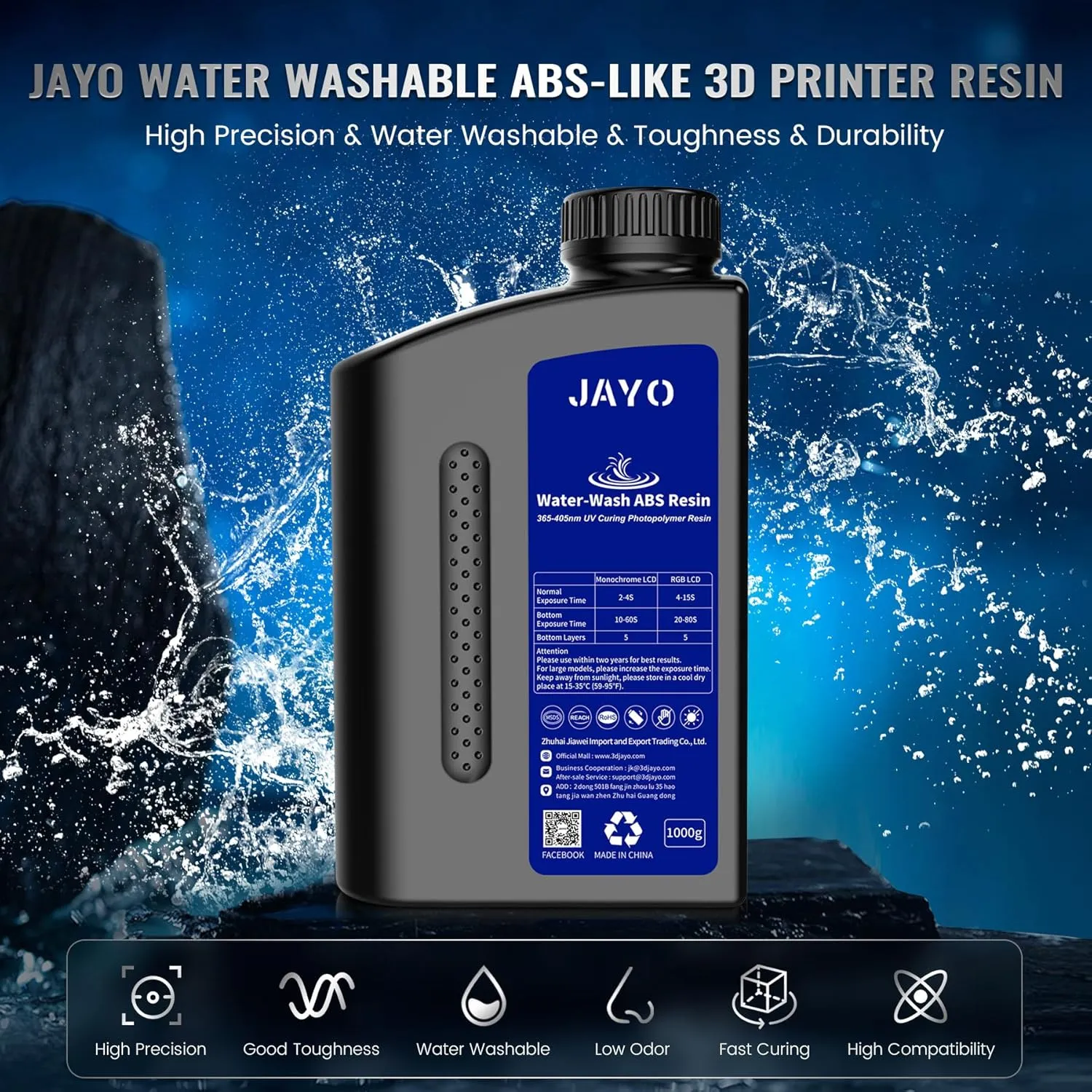 JAYO Water Washable ABS-Like 3D Printer Resin Dark Gray 2KG, High Toughness and Durability, Easy to Post-Process, Low Odor, 405nm UV Standard Rapid Photopolymer Resin for LCD/SLA 3D Printer