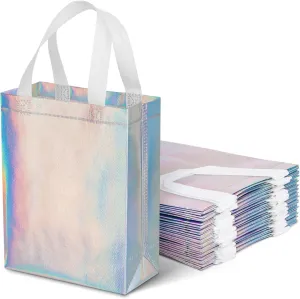 JOHOUSE 15 Pack Holographic Gift Bags with Handles, 8x4x10 Inch Iridescent Reusable Bags with Glossy Finish for Kids Birthday Wedding Party Favors