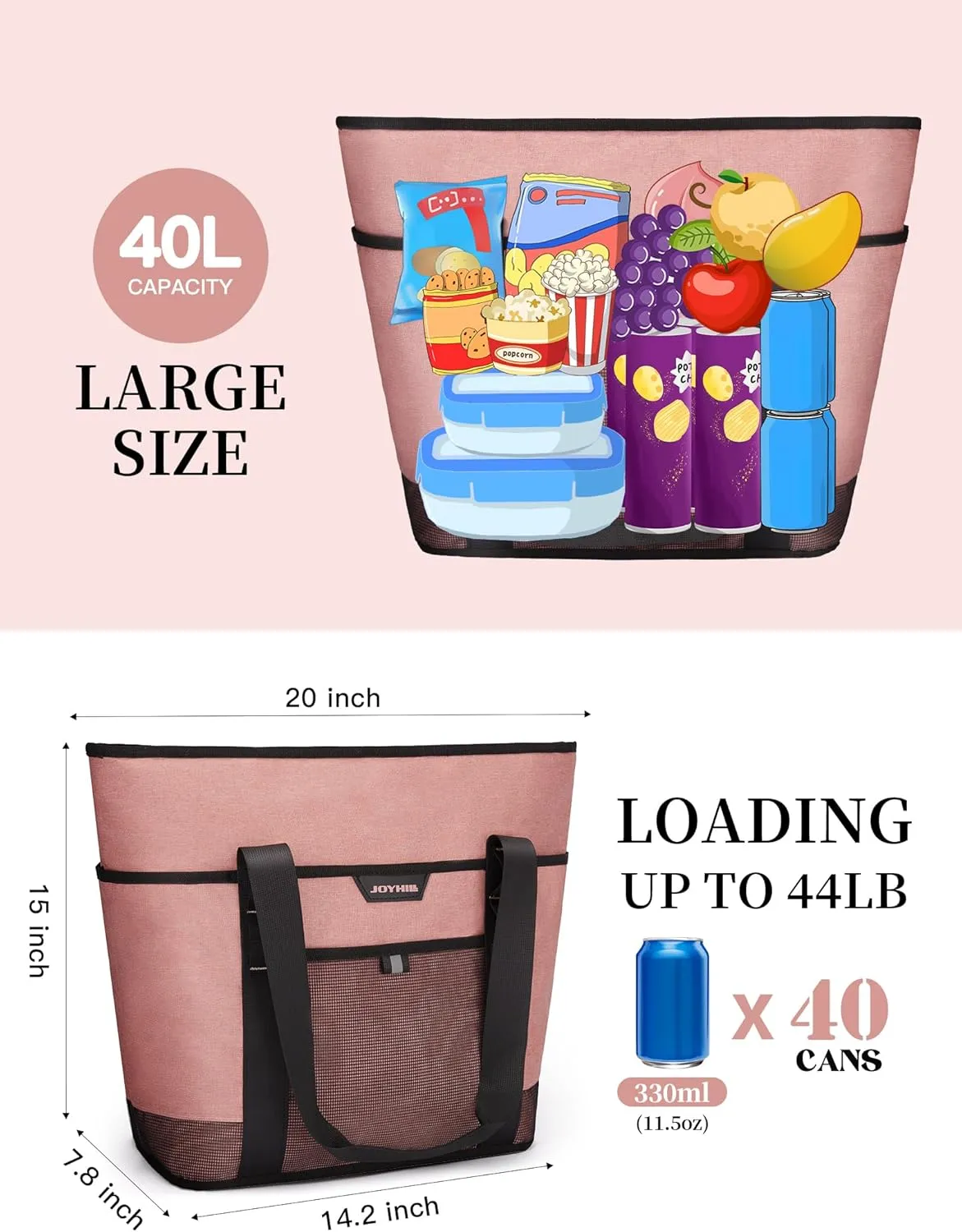 JOYHILL Insulated Cooler Bag Large Grocery Bags with Zipper Leakproof Reusable Lunch Cooler Bags Insulated
