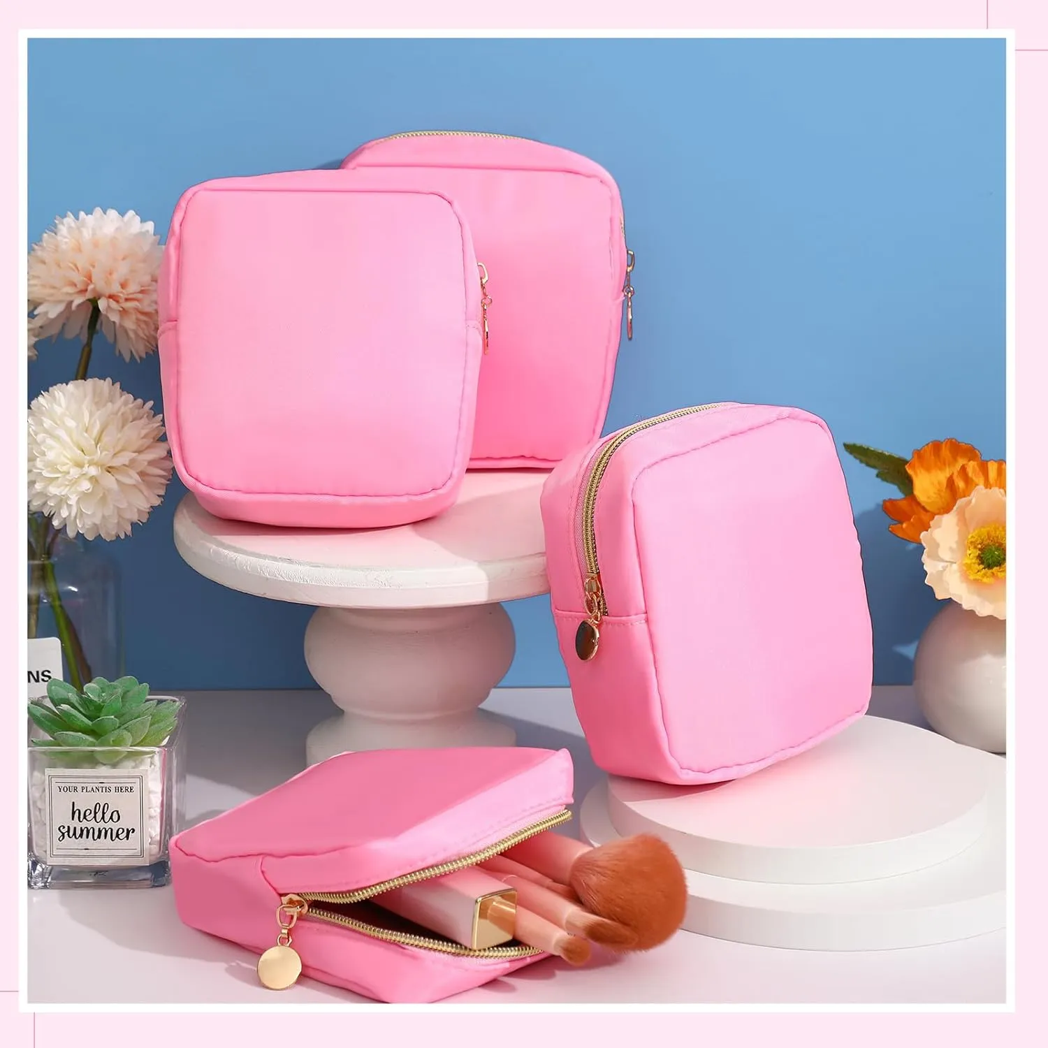 Kacctyen 12 Pcs Mini Makeup Bag Nylon Small Pouch for Purse Mini Square Nylon Pouch with Zipper Small Cosmetic Travel Makeup Bag Purse Organizer for Women(Pink Color,Regular)
